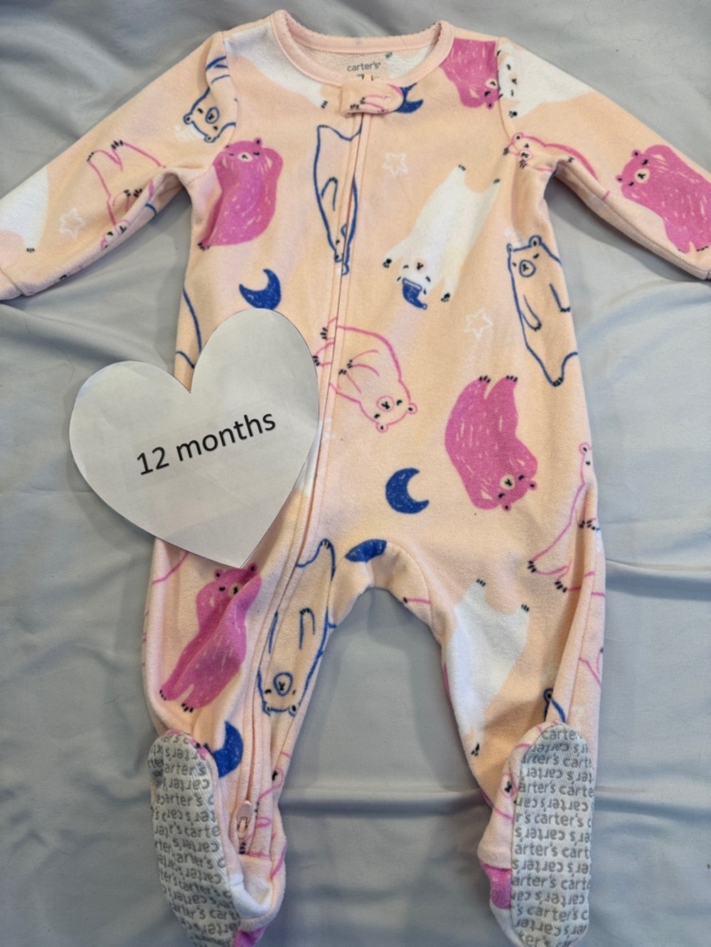 Carter's - 12M - Pink and White Fleece Onesie/Sleeper with Animal Print